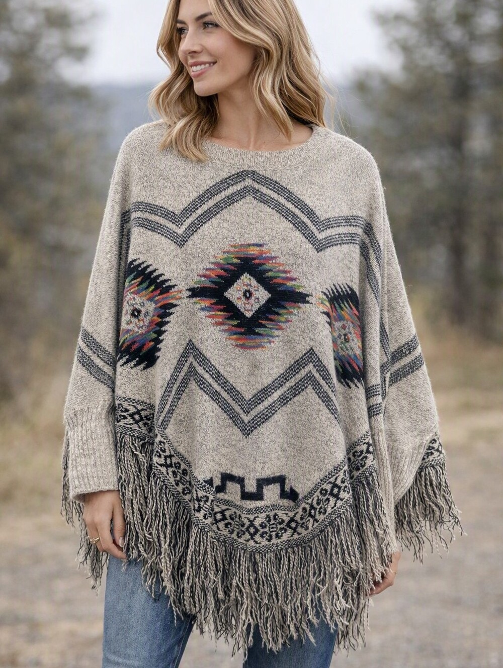 Kamana Poncho Sweater Women's One Size Aztec Southwestern Boho Fringe Soft